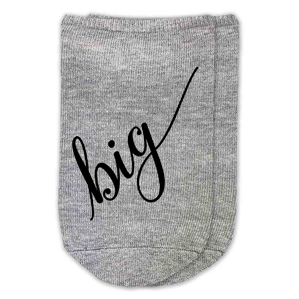 Big Little sorority script writing custom printed on cute cotton heather gray no show socks