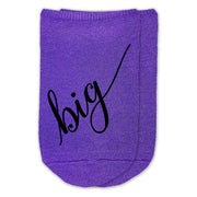 Big Little sorority script writing digitally printed on purple cotton no show socks