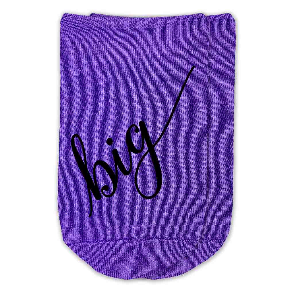 Big Little sorority script writing digitally printed on purple cotton no show socks