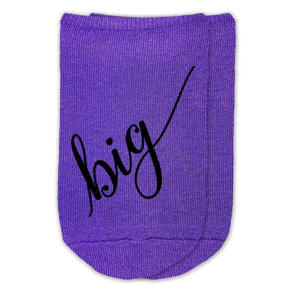 Big Little sorority script writing digitally printed on purple cotton no show socks