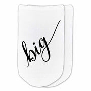 Big Little sorority script writing digitally printed on white cotton no show socks