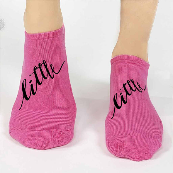 Big Little sorority script writing custom printed on comfy cotton fuchsia no show socks make a great gift idea