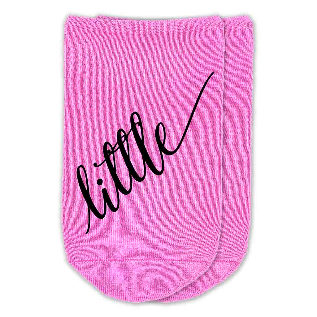 Big Little sorority script writing custom printed on fuchsia no show socks