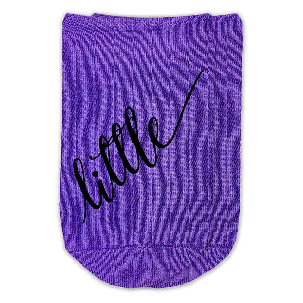 Big Little sorority script writing custom printed on purple no show socks