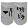 Love my big, little, or Gbig sorority custom printed on comfy cotton heather gray no show socks