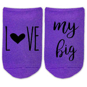 Love my big, little, or Gbig custom printed on cute cotton purple no show socks