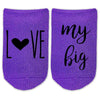 Love my big, little, or Gbig custom printed on cute cotton purple no show socks