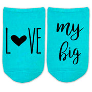 Love my big, little, or Gbig sorority custom printed on comfy turquoise cotton no show socks