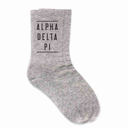 Alpha Delta Pi gray cotton crew socks with sorority name printed on the socks