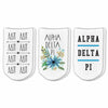 Cute Alpha Delta Pi sorority no show socks with Greek letters and sorority floral design sold as a 3 pair gift set