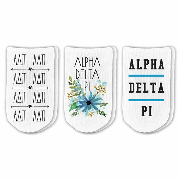 Cute Alpha Delta Pi sorority no show socks with Greek letters and sorority floral design sold as a 3 pair gift set