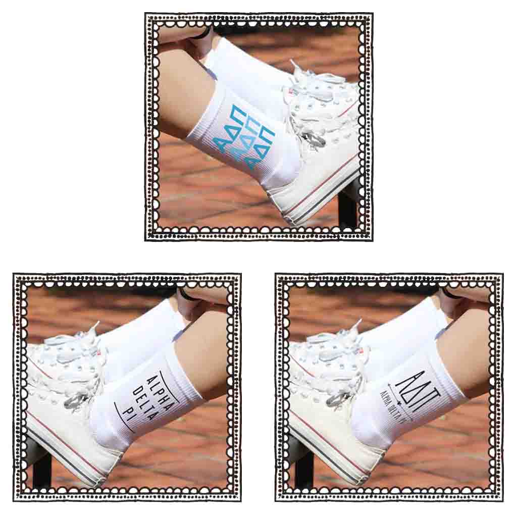 Alpha Delta Pi sorority cotton socks with Greek letters are part of this sorority gift pack