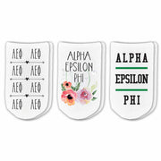 Alpha Epsilon Phi sorority no show socks with Greek letters and sorority floral design sold as a 3 pair gift set