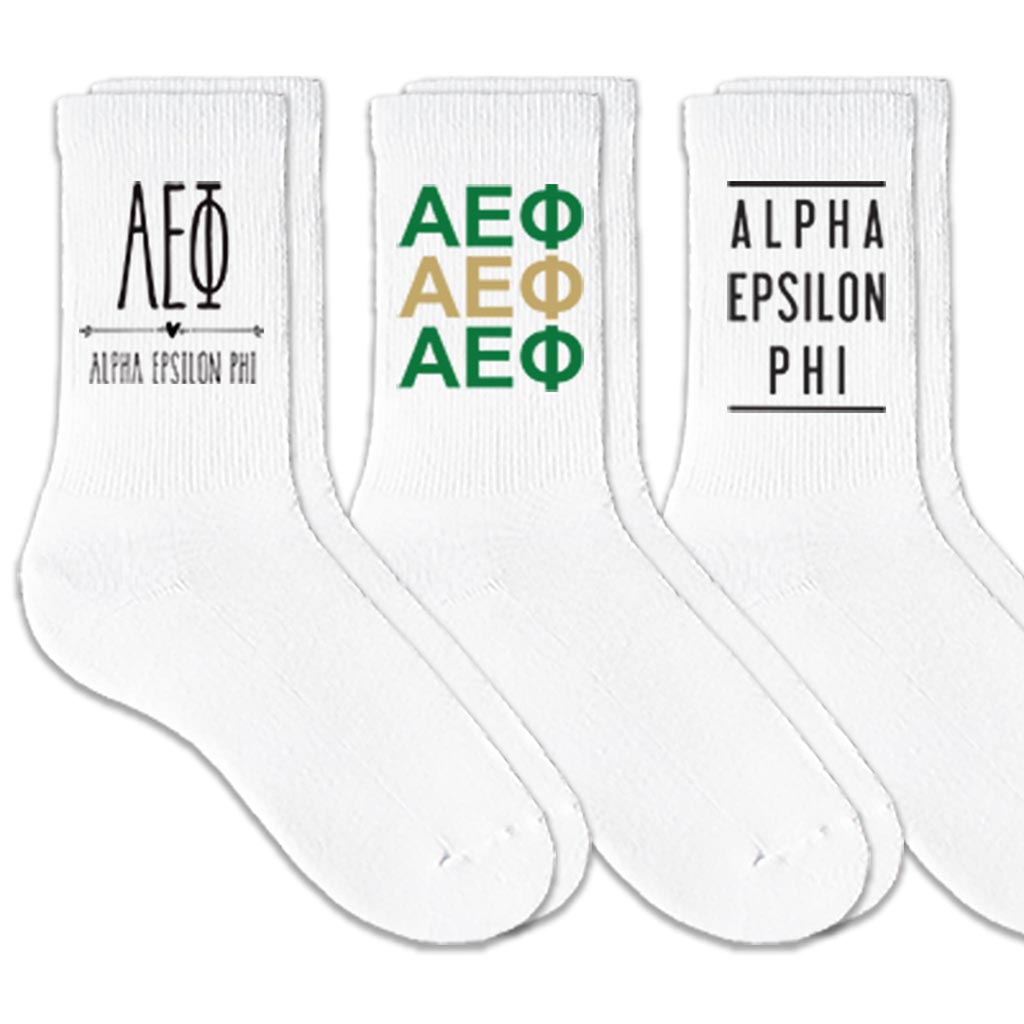 Alpha Epsilon Phi best selling sorority crew socks with sorority name and Greek letters sold as a 3 pair sock bundle