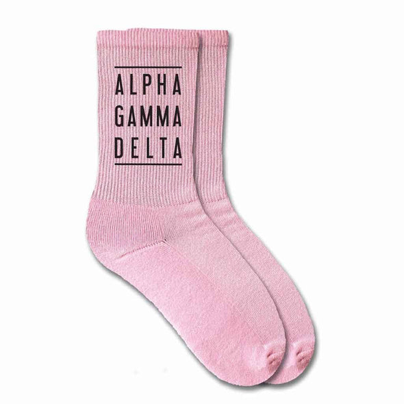 Alpha Delta Gamma design printed on pink cotton crew socks perfect sorority gift
