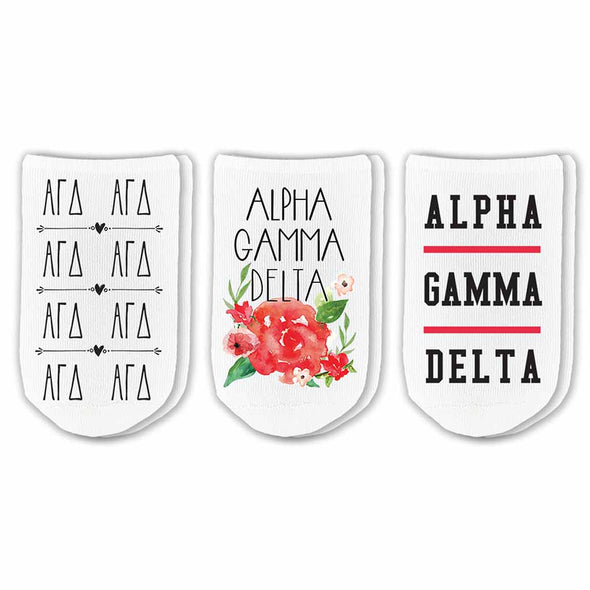 Alpha Gamma Delta sorority no show socks with Greek letters and sorority floral design sold as a 3 pair gift set