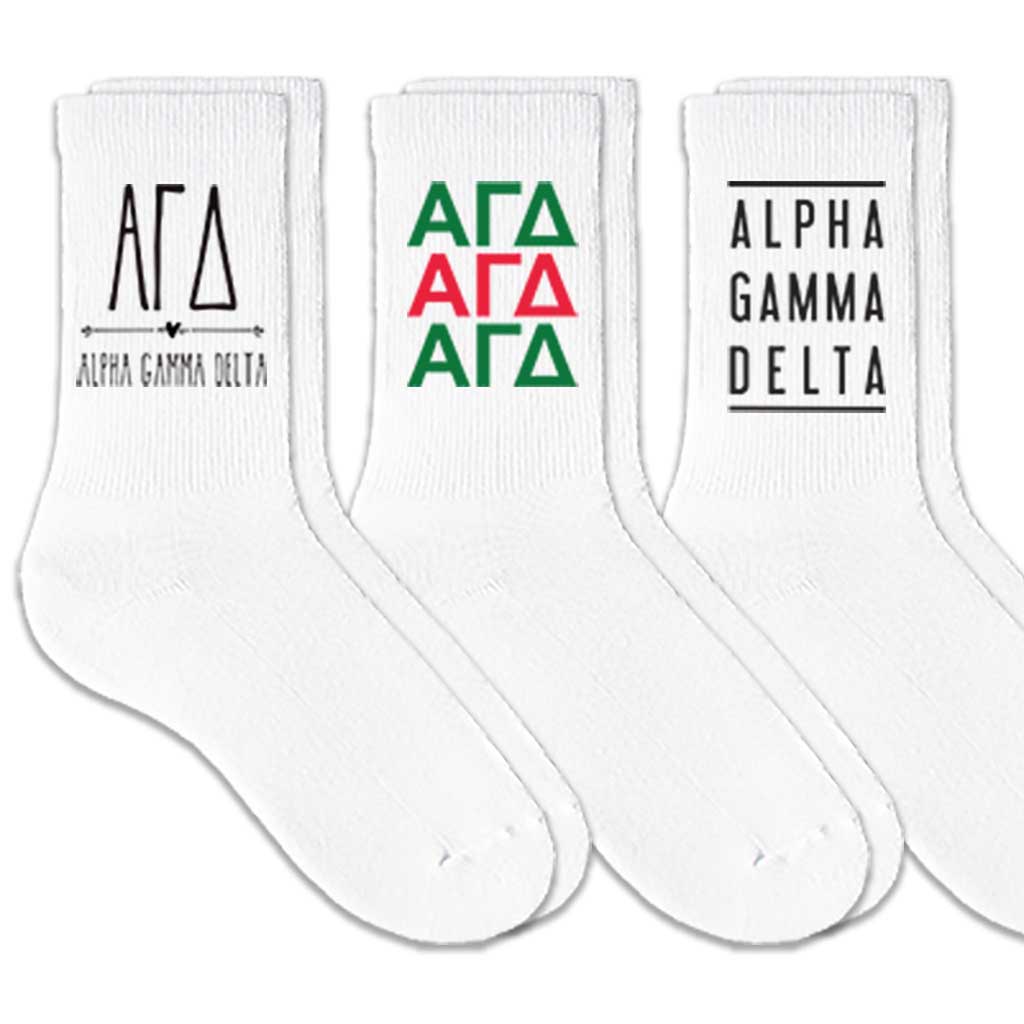 Alpha Gamma Delta sorority cotton socks with Greek letters are part of this sorority gift pack