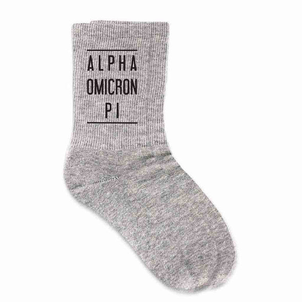 Alpha Omicron Pi sorority name custom printed on heather gray cotton crew socks