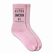 Alpha Omiron Pi sorority name custom printed on pink cotton crew socks