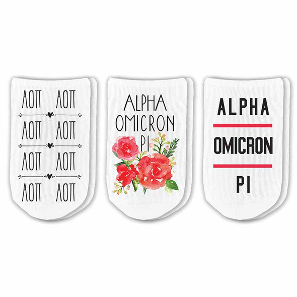 Alpha Omicron Pi sorority no show socks with Greek letters and sorority floral design sold as a 3 pair gift set
