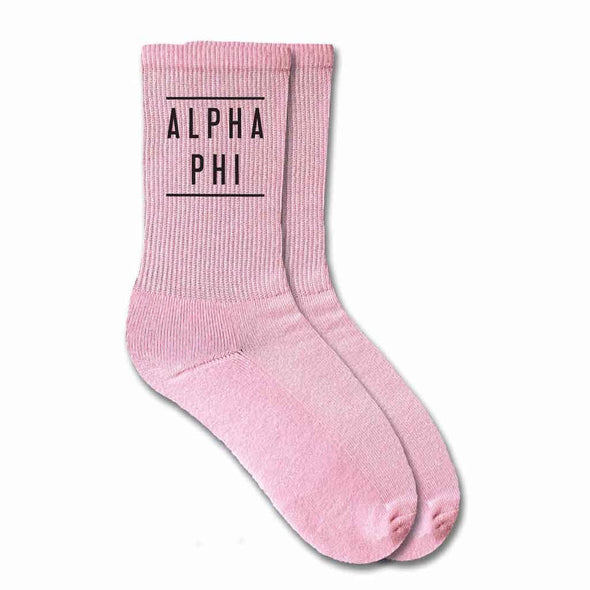 Alpha Phi sorority name custom printed on pink cotton crew socks