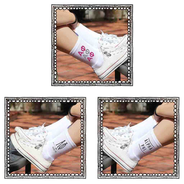 Alpha Phi sorority crew socks are perfect for a sorority bid day gift set