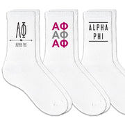 Alpha Phi best selling sorority crew socks with sorority name and Greek letters sold as a 3 pair sock bundle