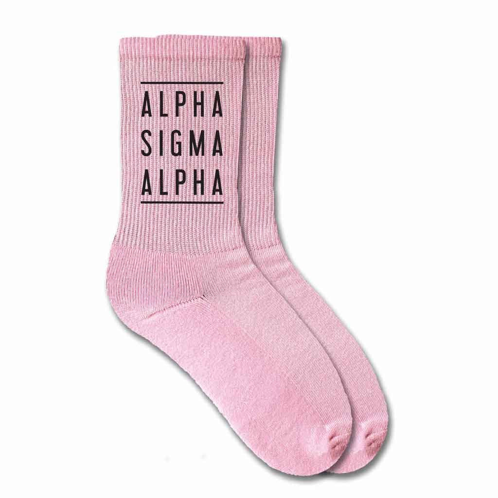 Alpha Sigma Alpha sorority name custom printed on pink cotton crew socks