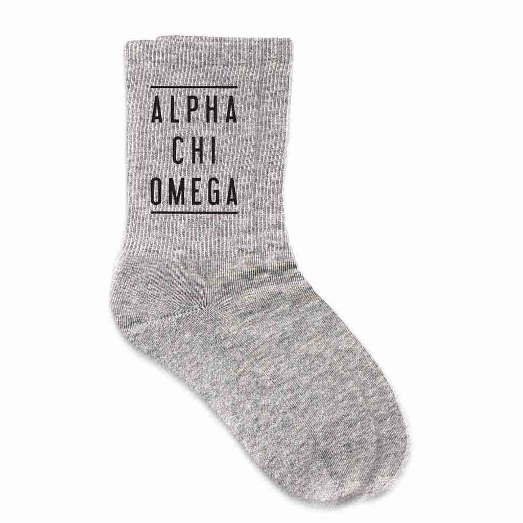 Alpha Chi Omega sorority custom printed on heather gray cotton crew socks