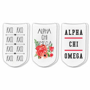 Alpha Chi Omega sorority no show socks with Greek letters and sorority floral design sold as a 3 pair gift set