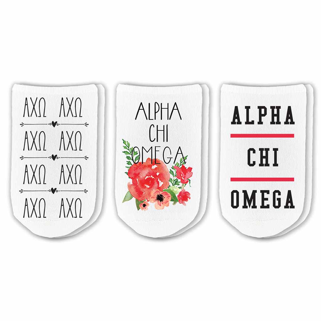 Alpha Chi Omega sorority no show socks with Greek letters and sorority floral design sold as a 3 pair gift set