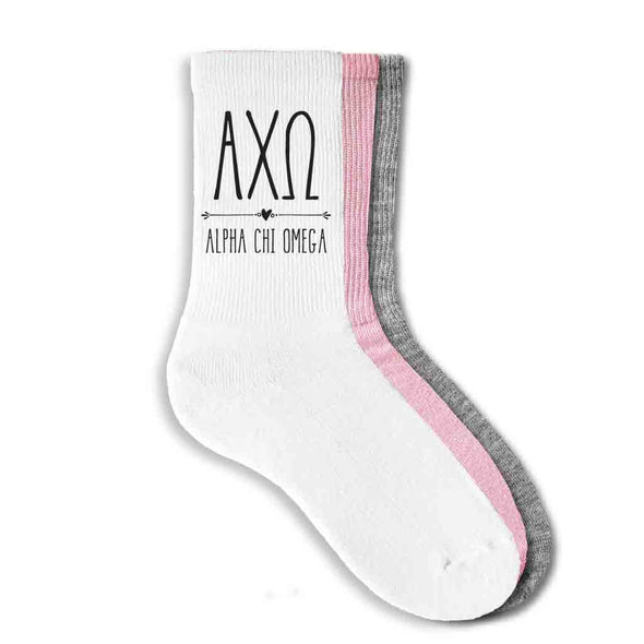 Alpha Chi Omega custom printed in boho greek letters on cotton crew socks available in white, pink, or heather gray