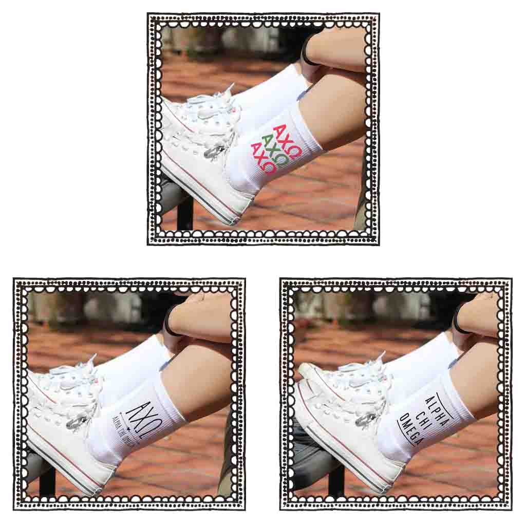 Alpha Chi sorority cotton socks with Greek letters are part of this sorority gift pack