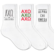 Alpha Chi Omega best selling sorority crew socks with sorority name and Greek letters sold as a 3 pair sock bundle