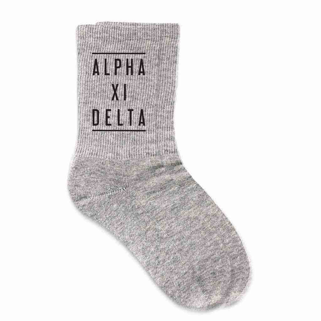 Alpha Xi Delta sorority name custom printed on heather gray crew socks