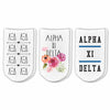 Alpha Xi Delta sorority footie socks with sorority name, Greek letters and sorority floral design sold as a 3 pair gift set