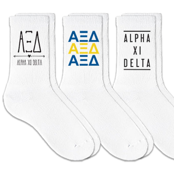 Alpha Xi Delta best selling sorority crew socks with sorority name and Greek letters sold as a 3 pair sock bundle
