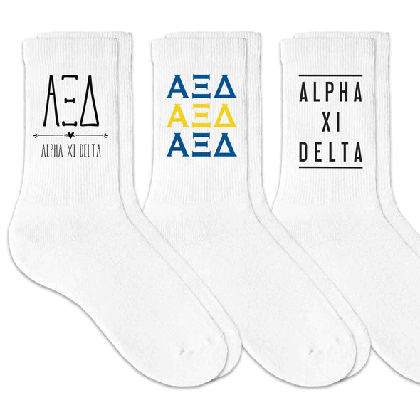 Alpha Xi Delta sorority custom printed on white cotton crew socks sold as a 3 pair set