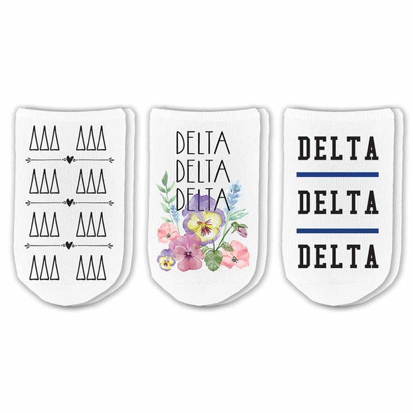 Delta Delta Delta sorority no show socks with sorority name, Greek letters and sorority floral design sold as a 3 pair gift set