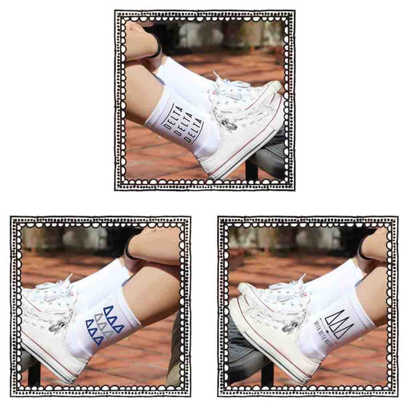 Delta Delta Delta sorority cotton socks with Greek letters are part of this sorority gift pack