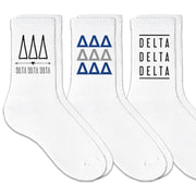 Delta Delta Delta best selling sorority crew socks with sorority name and Greek letters sold as a 3 pair sock bundle