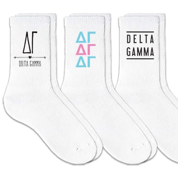 Delta Gamma sorority crew socks with sorority name and Greek letters sold as a 3 pair gift set