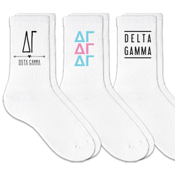 Delta Gamma best selling sorority crew socks with sorority name and Greek letters sold as a 3 pair sock bundle