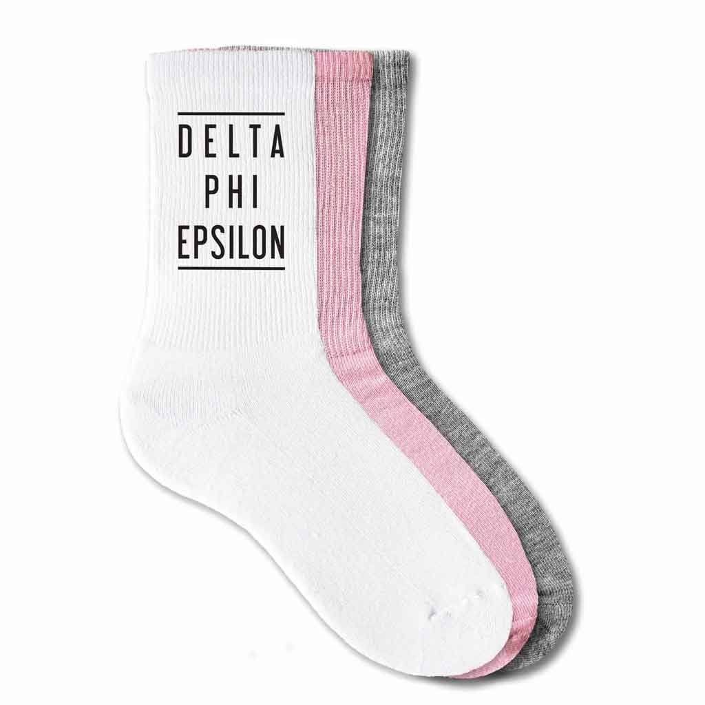 Delta Phi Epsilon sorority cotton socks with Greek letters