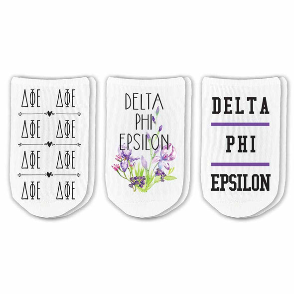Delta Phi Epsilon sorority no show socks with sorority name, Greek letters and sorority floral design sold as a 3 pair gift set