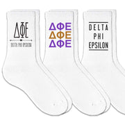 Delta Phi Epsilon sorority crew socks with sorority name and Greek letters sold as a 3 pair gift set