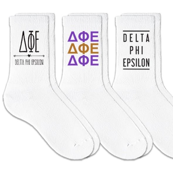 Delta Phi Epsilon best selling sorority crew socks with sorority name and Greek letters sold as a 3 pair sock bundle