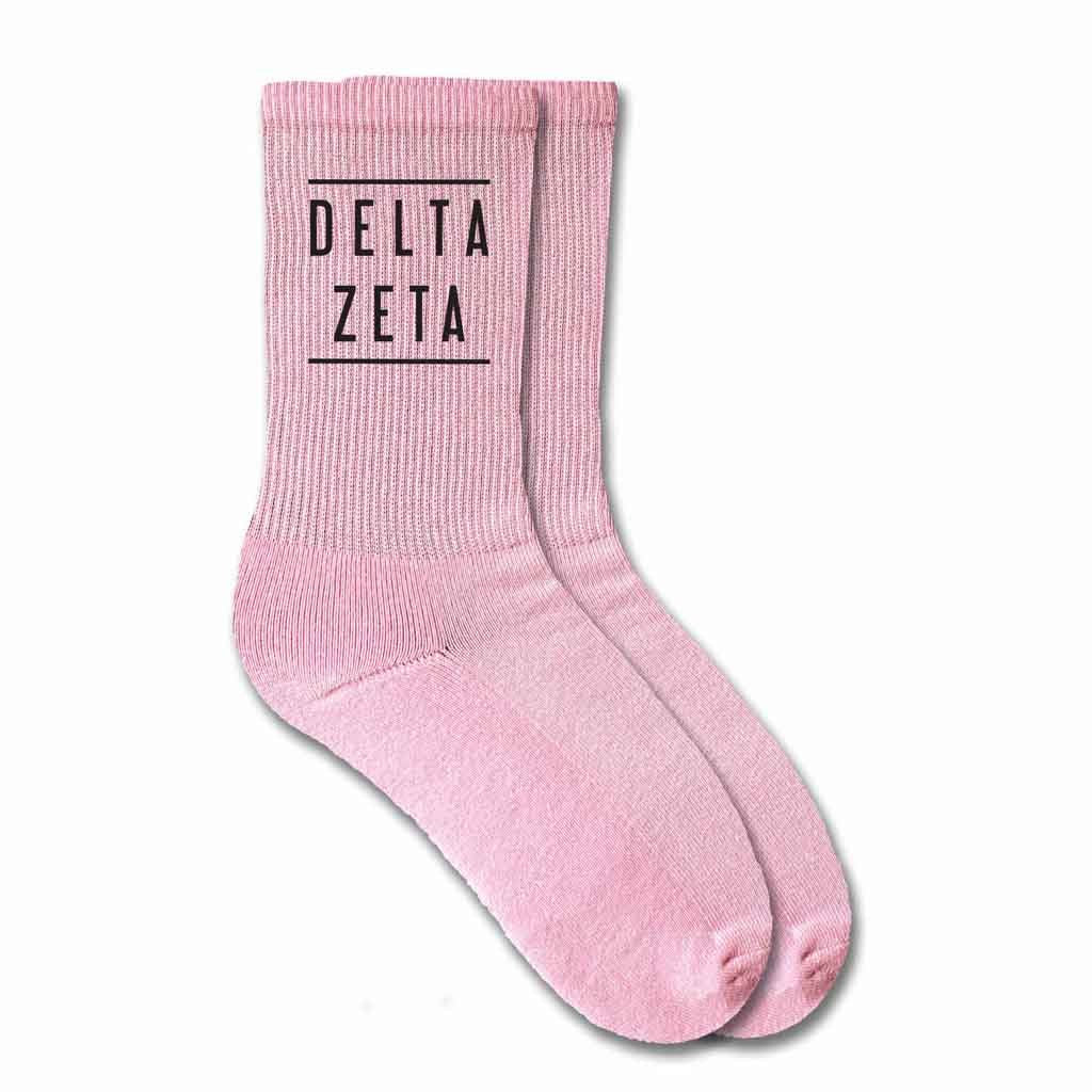 Delta Zeta pink cotton crew socks with sorority name printed on socks