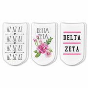 DZ sorority footie socks with sorority name, Greek letters and sorority floral design sold as a 3 pair gift set