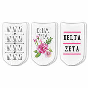 Delta Zeta sorority no show socks with sorority name, Greek letters and sorority floral design sold as a 3 pair gift set